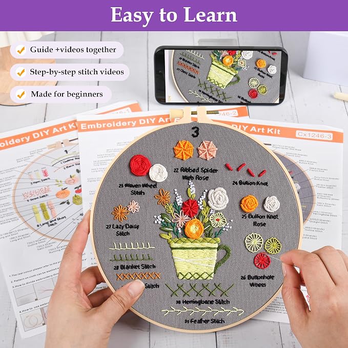 Embroidery Kit for Adult Beginners, 3 Pack Embroidery Stitches Practice Kit to - Image 3