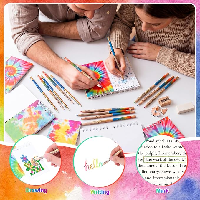 Pajean 48 Pcs Mini Tie Dye Notepads Multicolor 4-in-1 Rainbow Pencils Spiral - Image 5