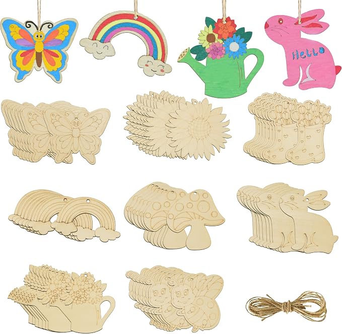 32PCS Wooden Spring Ornaments to Paint, 8 Styles DIY Blank Unfinished Wood by Unknown