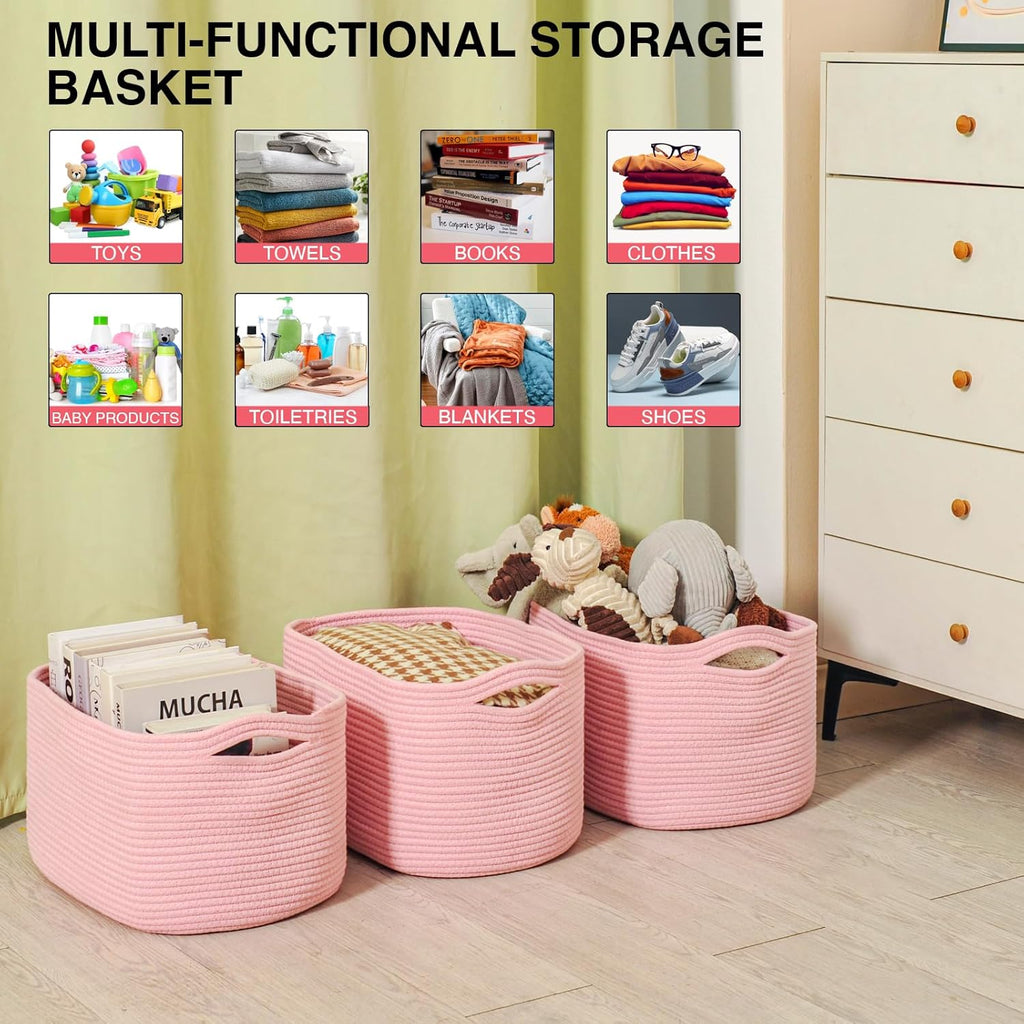 Storage Baskets for Organizing Shelves, Pink Basket for Nursery, Woven Cotton Rope Baskets for Storage, Towel Basket for Bathroom, 15"x11"x9.5", 3 Packs, Light Pink