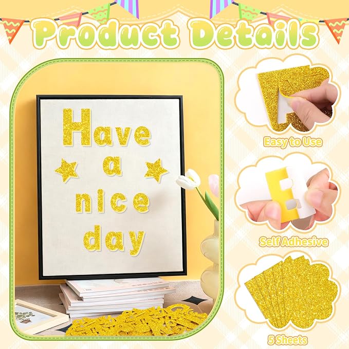Glitter Foam Letter Stickers 335 Pcs Self-Adhesive Uppercase & Lowercase ABC - Image 3