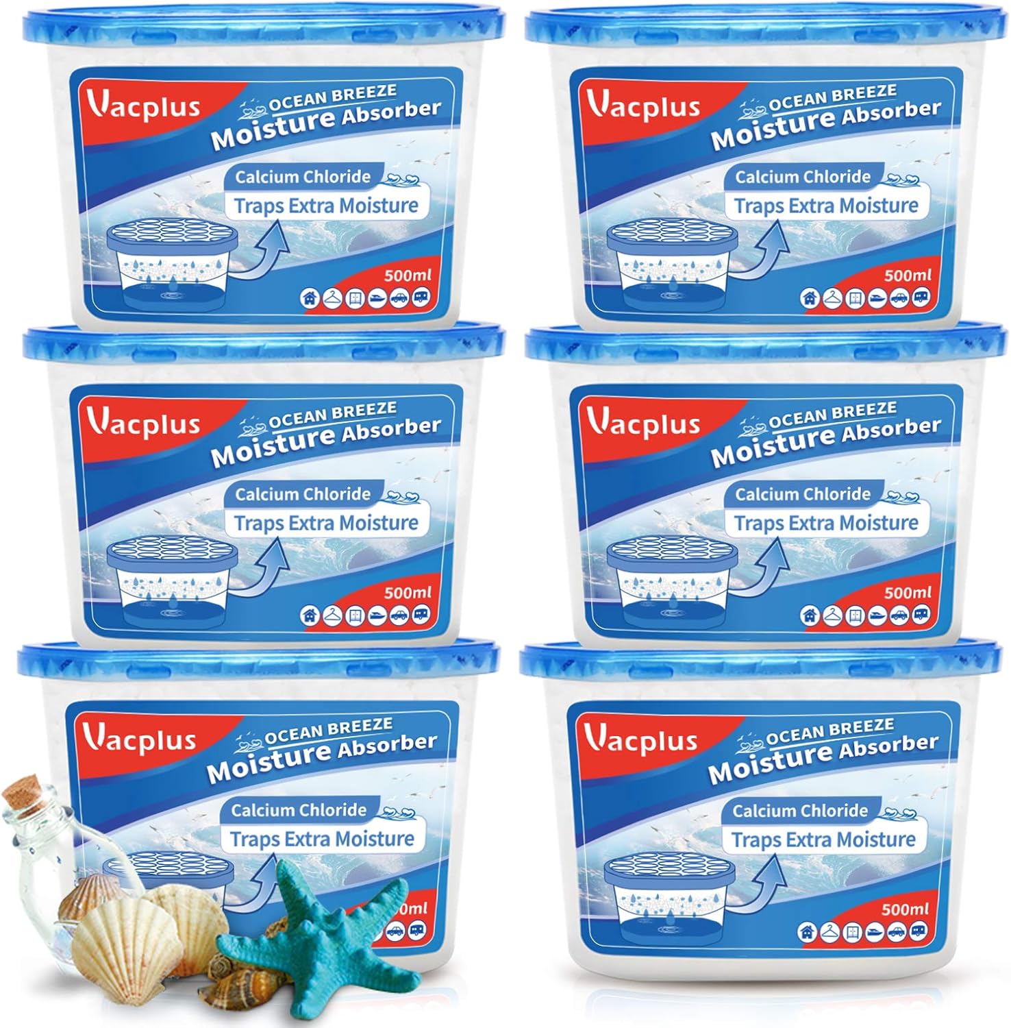 Vacplus Moisture Absorbers 6 Pack, 10.5 Oz Portable Humidity Absorber Boxes for Your Bathroom, Closet & Car, Dehumidifier with Ocean Fragrance, Light Blue