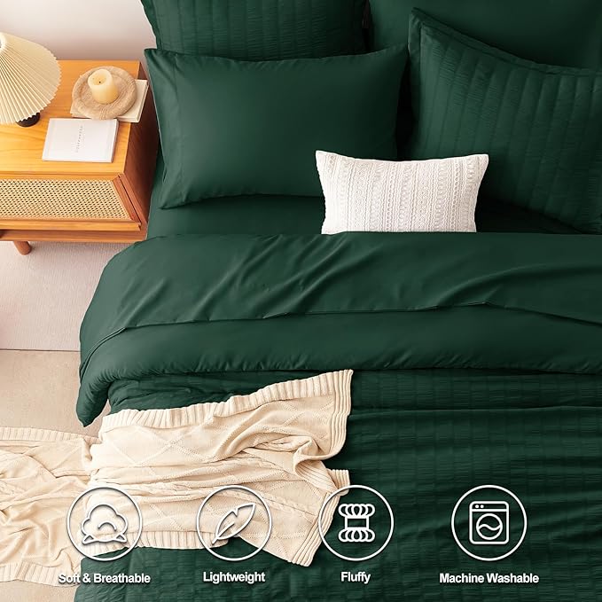 CozyLux King Size Comforter Set Emerald Green Seersucker 7 Pieces Bed in a Bag - Image 2