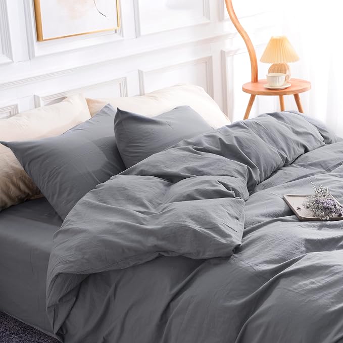 NEXHOME PRO Duvet Cover Set 100% Washed Cotton Full Size Linen Feel Textured - Image 4