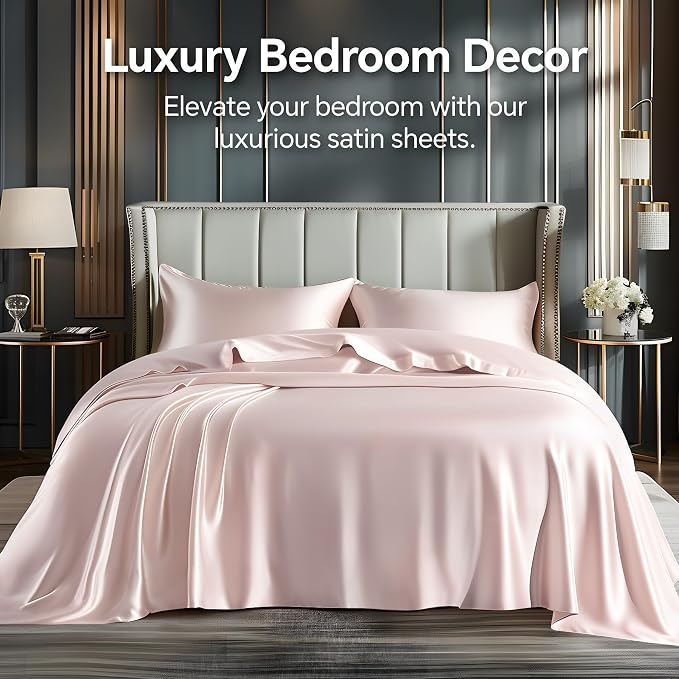 BEDELITE Satin Sheets Twin XL Size Bed Set, Luxury Soft Pink Silky Sheets - Image 2