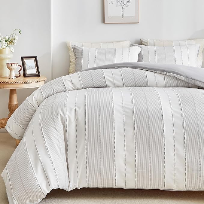 WARMDERN Light Grey Striped Weave Duvet Cover Queen Size, Microfiber Textured by WARMDERN
