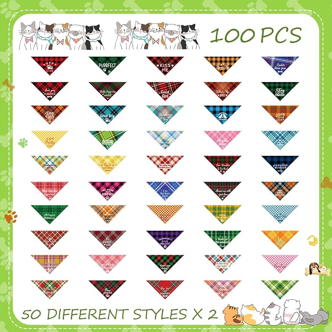 Sweetude 100 Pcs Plaid Dog Bandanas Bulk Paw Print Dog Scarf Bibs Puppy Pet - Image 2