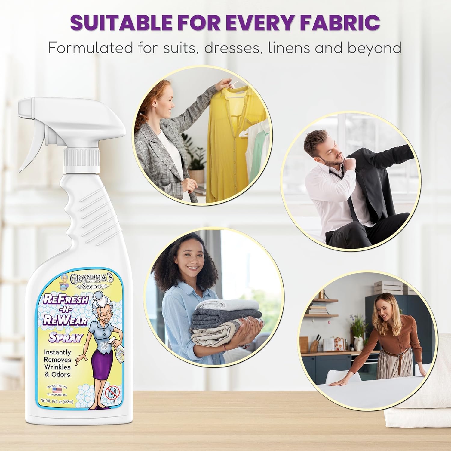 Grandma's Secret ReFresh N ReWear Spray - Instantly Removes Wrinkles & Odors - Wrinkle Release, Fabric Refresher Spray, Chlorine, Bleach and Toxin-Free - 16 Ounce