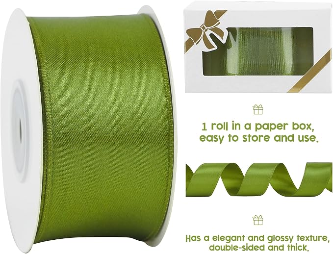 HUIHUANG Olive Green Wired Ribbon 1-1/2 inch Olive Satin Wire Ribbon - Image 3