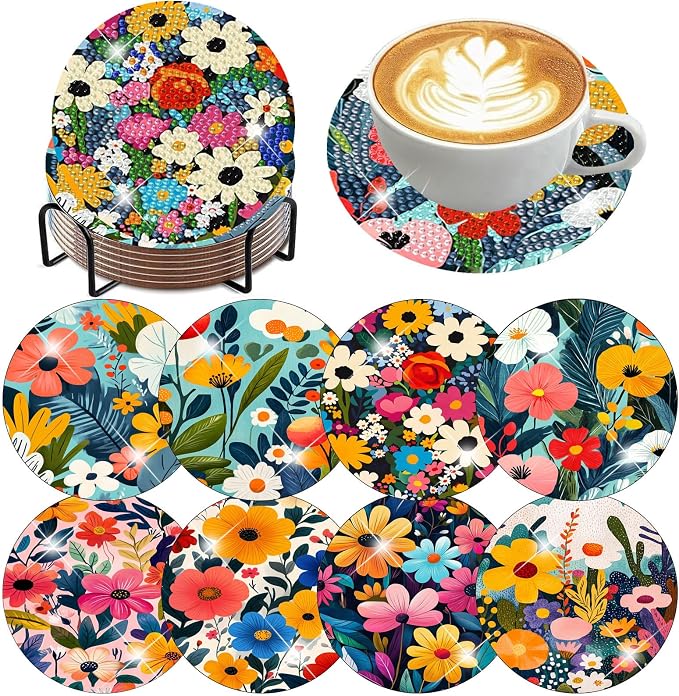 8 Pack Diamond Art Coasters, Wildflowers Diamond Painting Coasters Kits | by Zythron