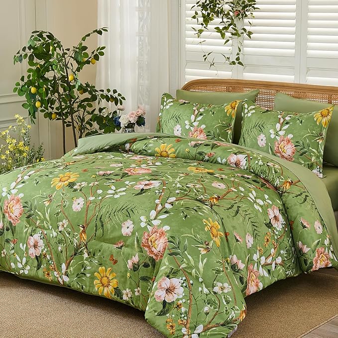 Yiran Sage Green Hibiscus Floral Comforter Set King Size, 7 Piece Bird Flowers - Image 2