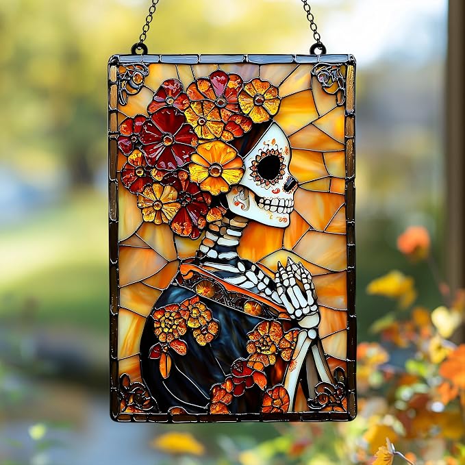 Skeleton Lady & Marigold Flowers Acrylic Suncatcher by Unknown