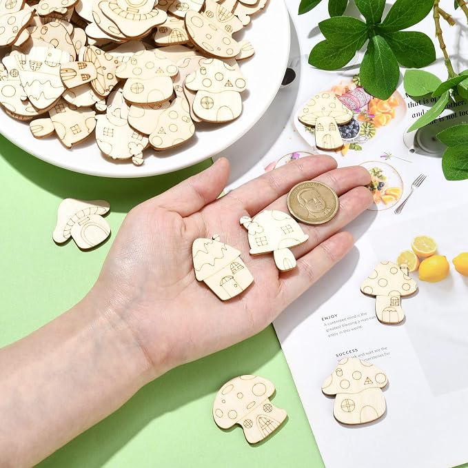 200 pcs Mixed Styles Mushroom Theme Unfinished Wood Cutout Charms Lovely - Image 4