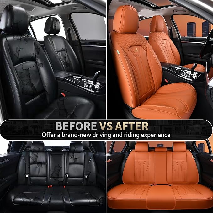 FLORICH Car Seat Covers Full Set, Leather Seat Covers for Cars, Orange Seat Cover, Waterproof Car Seat Cushion Universal Car Seat Protector Front Seats and Back Fit for Most Cars Trucks SUVs