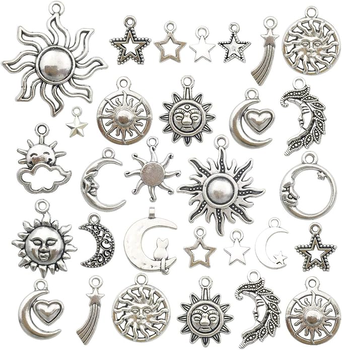 100g Craft Supplies Mixed Antique Silver Sun Moon Stars Charms Pendants by WOCRAFT
