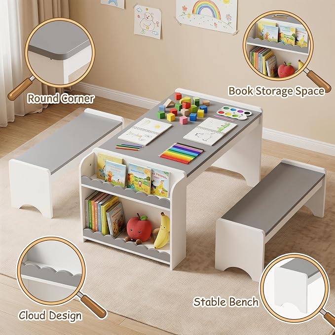 Kids Table and Bench Set, Montessori Kids Table and Chair Set, Indoor Wooden - Image 6