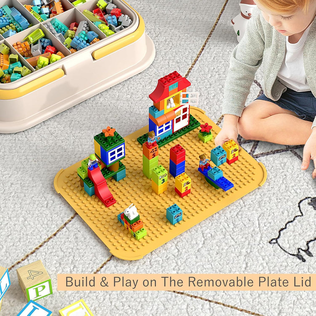 Toy Storage Organizer Box with Handle, Stackable Building Block Toy Box with Building Plate Lid & Removable Sorting Trays, Cubby Bins and Containers 3 Layer (Lemon)