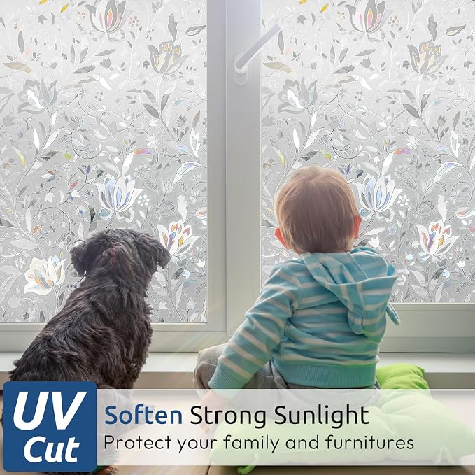 rabbitgoo Window Privacy Film, Stained Glass Cling, Tulip 35.4" x 118.1" | - Image 2