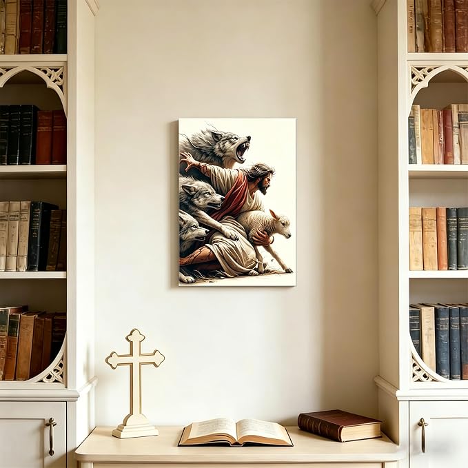 Framed Jesus and Lamb Canvas Wall Art - Image 3