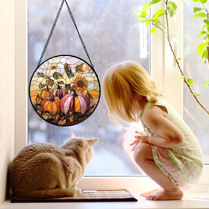 DASTOLL Stained Glass Window Hanging, Pumpkin Sunflower Suncatcher Diamond - Image 2