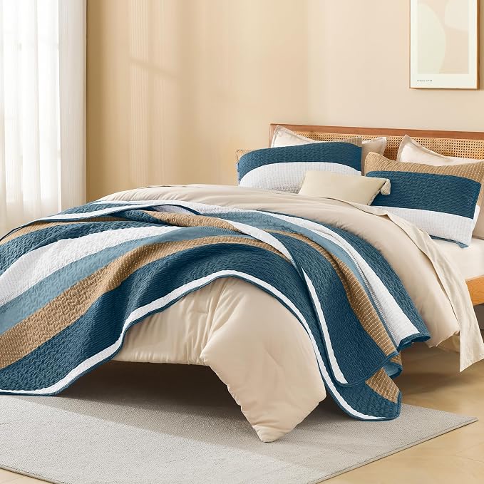 Litanika California King Quilt Set FBird, Stripe Patchwork Summer Bedspread - Image 4