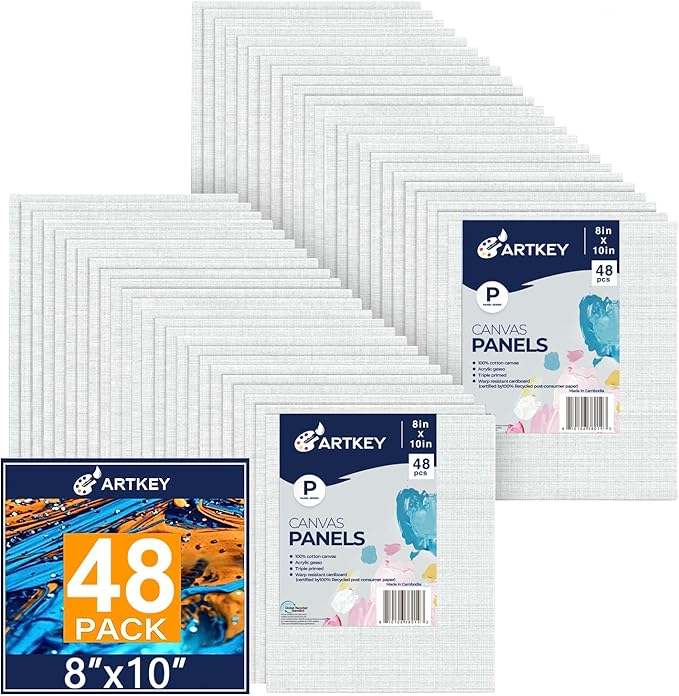 Artkey Canvases for Painting 8x10 Inch 48-Pack, 10 oz Primed 100% Cotton White by Artkey