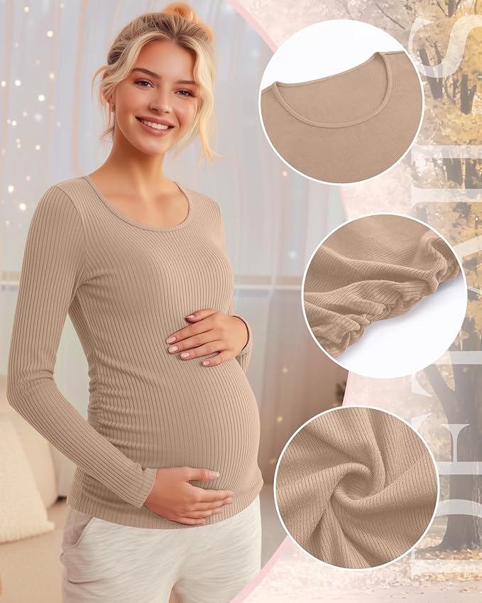 Riyiper 4 Pack Women's Maternity Shirts, Long Sleeve Cotton Ribbed Pregnancy Tee Top Crewneck Side Ruched Casual Mama Clothes