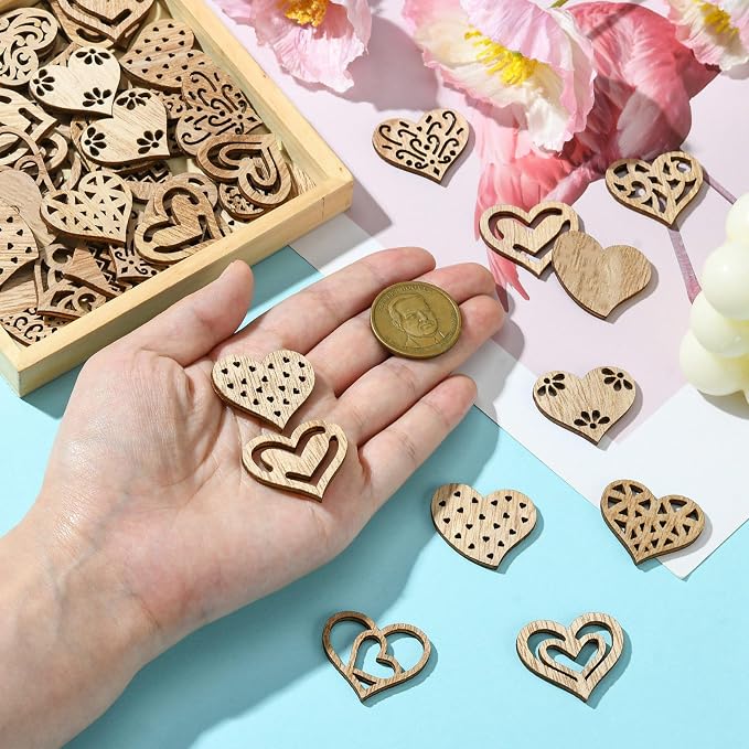 200 pcs Mixed Styles Hollow Heart Theme Unfinished Wood Cutout Charms Cute Love - Image 4