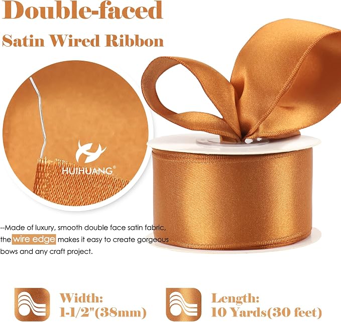 HUIHUANG Burnt Orange Satin Wired Ribbon1-1/2, Gift Wrapping, Wedding - Image 2
