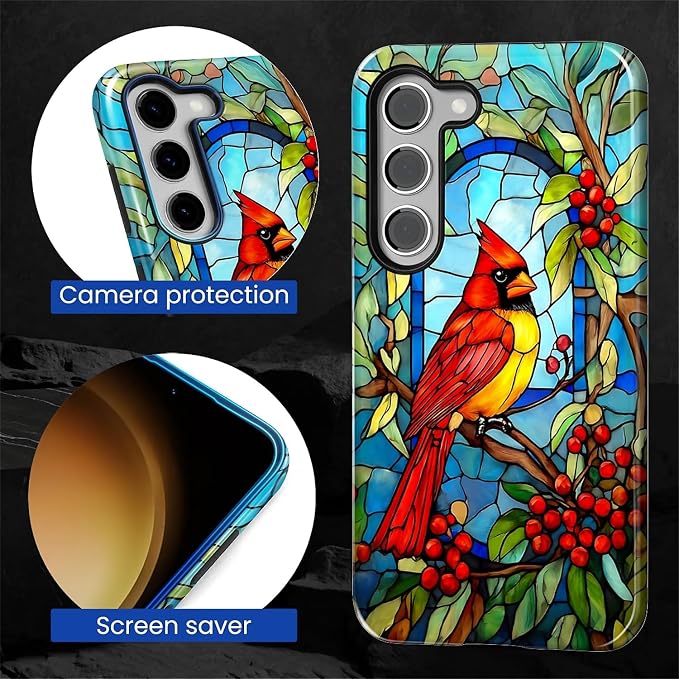 for Samsung Galaxy S23 Case, Stained Glass Cardinal Bird Pattern Glossy 2 in 1 - Image 6