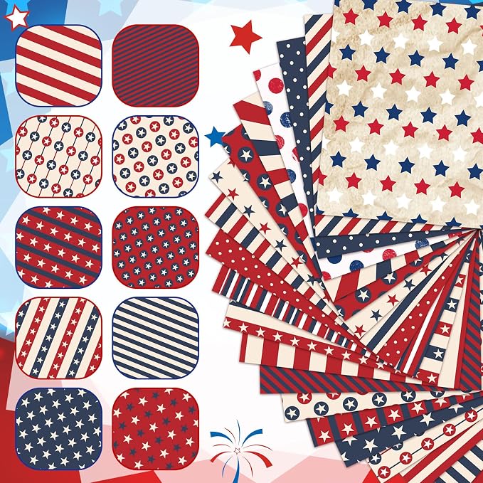 HunnmingRe 20 Pcs 10x10'' Patriotic Quilting Fabric Square Red White Blue - Image 5
