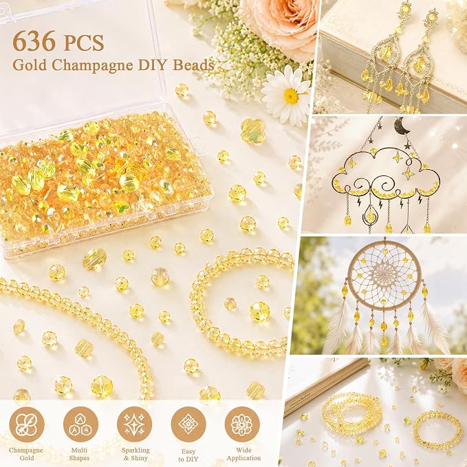636pcs Crystal Glass Beads for Jewelry Making Assorted, 4/6/8mm Gold Champagne - Image 6