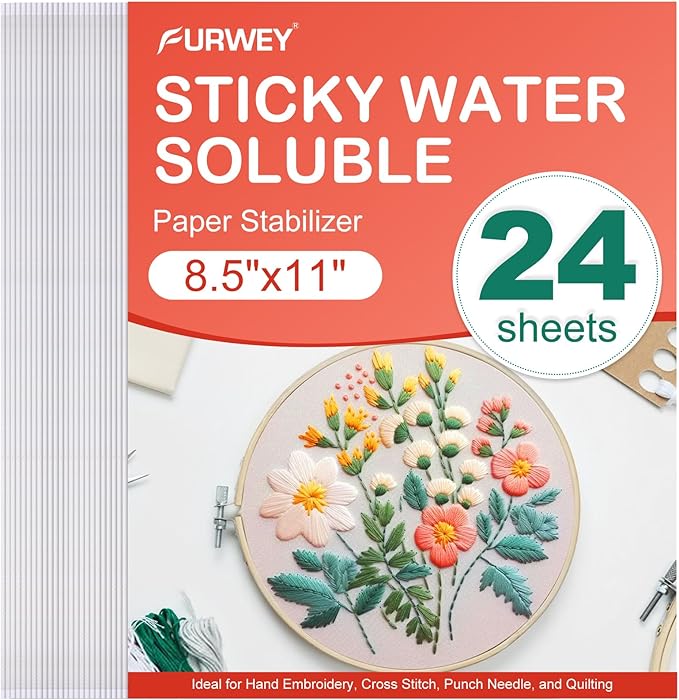 FURWEY 24PCS 8.5"x11" Wash Away Embroidery Stabilizer – Self Adhesive & by FURWEY