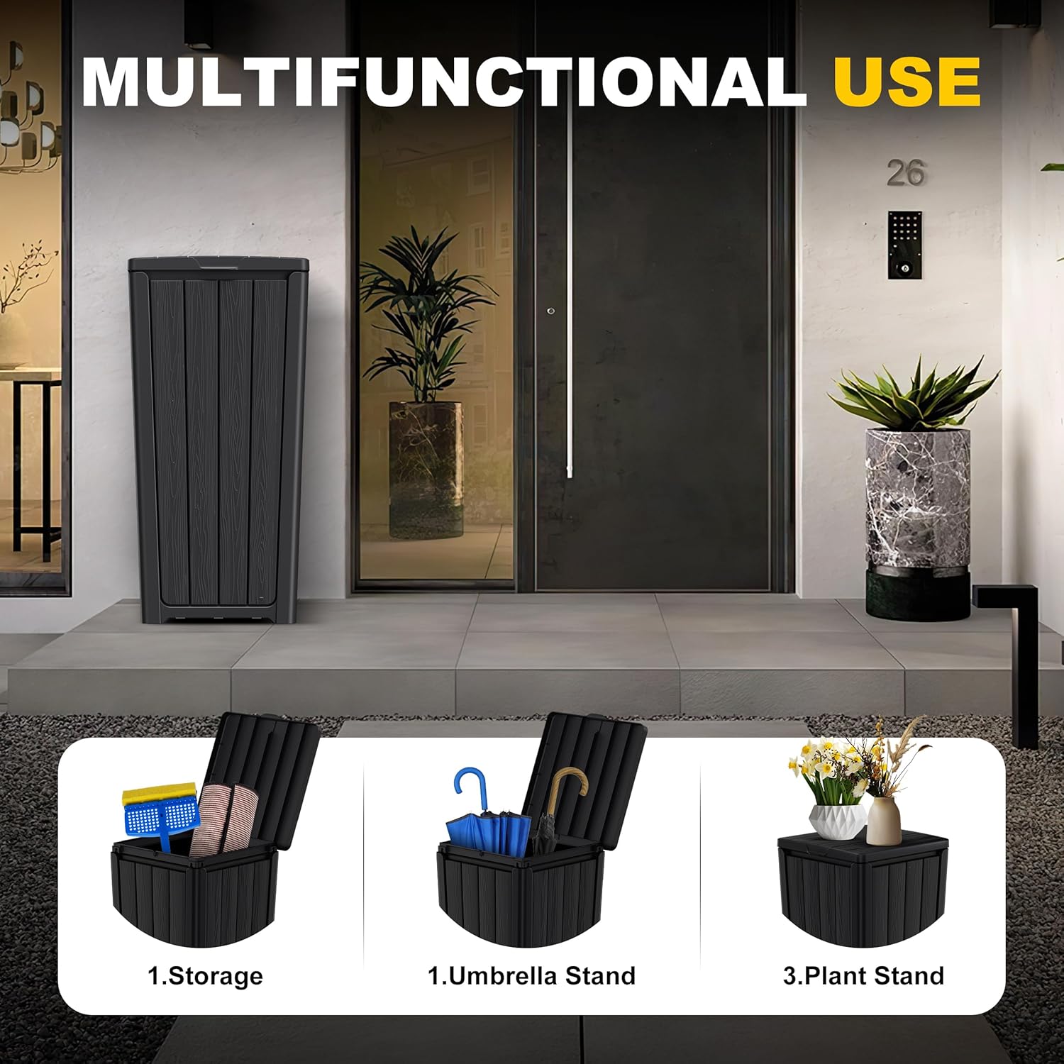 EasyUp Outdoor Trash Can with Lid, Waterproof and Sunscreen Resin Garbage Cans, Outside Trash Bin for Patio, Kitchen, Deck or Backyard(Black)