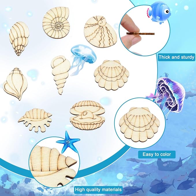 200 pcs Mixed Styles Sea Shell Theme Unfinished Wooden Cutout Charms Conch - Image 3