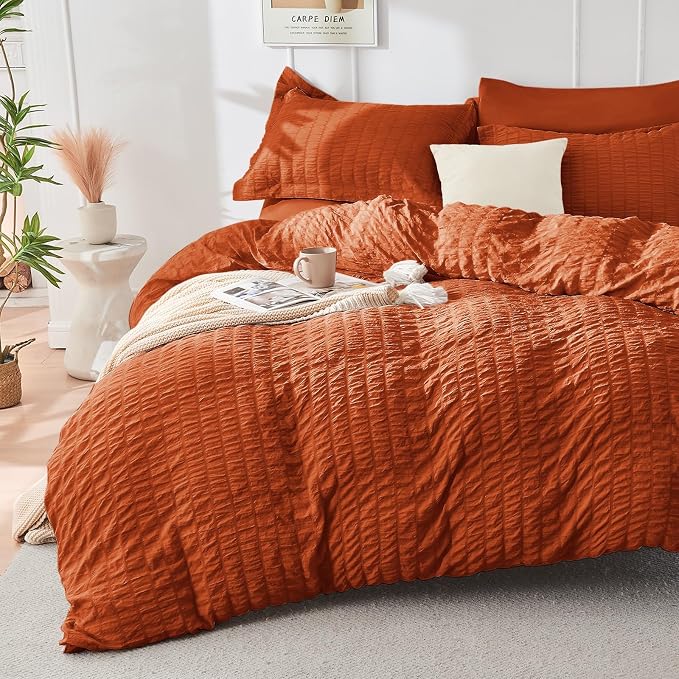 HYMOKEGE Burnt Orange Duvet Cover Full Size, Ultra Soft 3-Piece Seersucker by HYMOKEGE