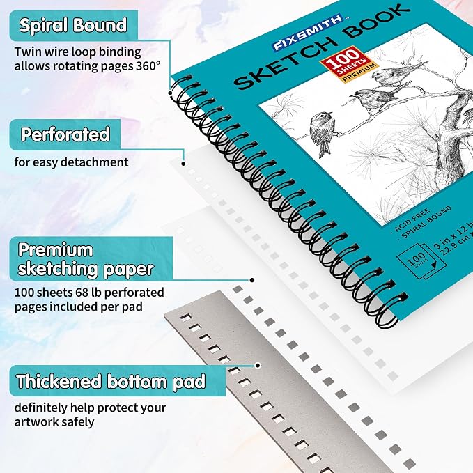 FIXSMITH 9"X12" Teal Sketch Book, 400 Sheets Spiral Sketchbook, Acid Free - Image 3