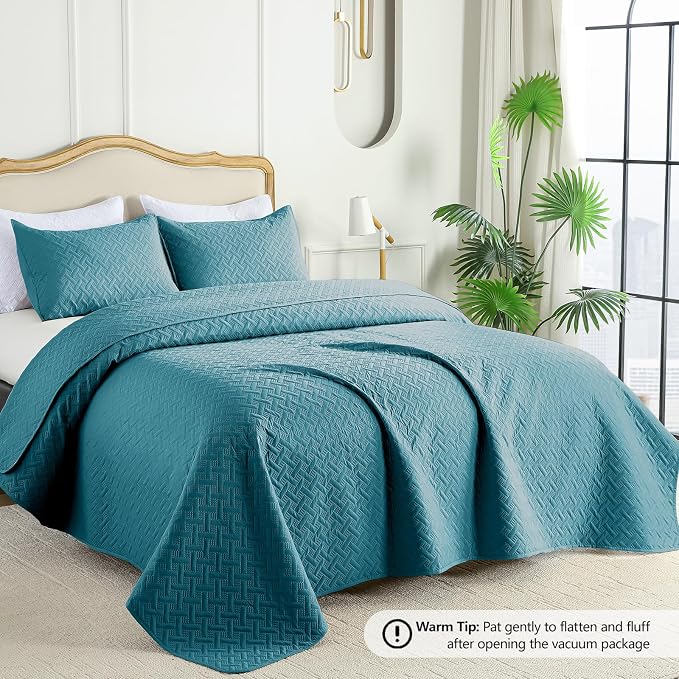 FLYMME Quilts King Size, Lightweight Teal Bedspreads, Basket Weave Pattern - Image 2