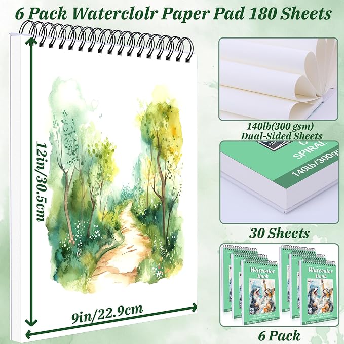 UZLU 6 Pack Watercolor Paper Pads, 9 x 12 Inch, 180 Sheets Total | 140 lb/300 - Image 2
