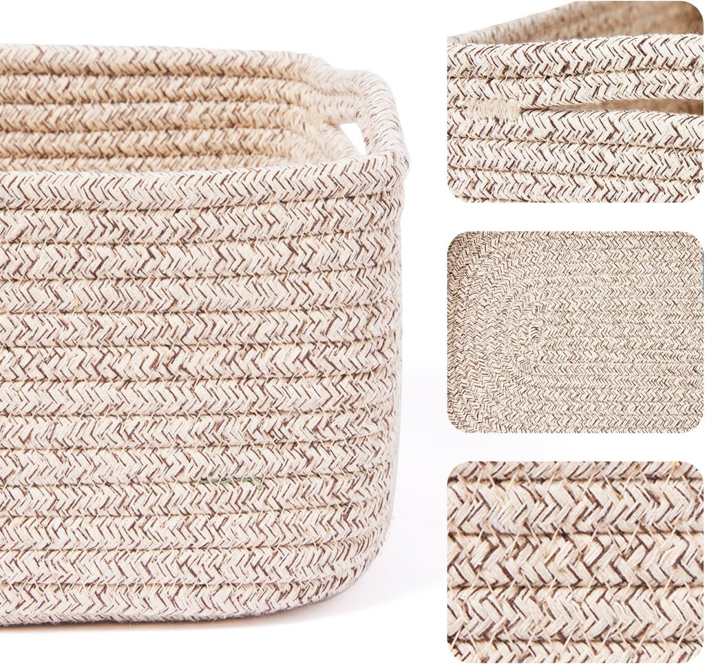 Small Storage Baskets for Organizing | Closet Organizer Bins | Shelf Toy Basket | Woven Rope Baskets | Cube Decorative Box | Shallow Basket | 13x8.5x5.1” | 3 Packs Mixed Brown