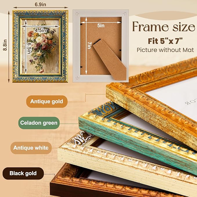 4 Pack Ornate Gold Vintage Picture Frame Sets, 5 x 7 Inch Ornate Vintage Photo - Image 2