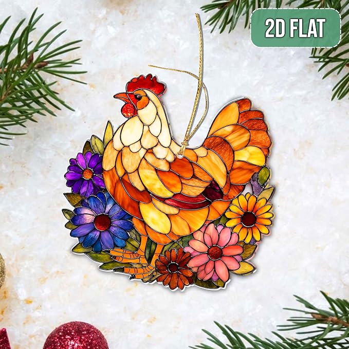 2D Flat Faux Stained Glass Chicken Acrylic Christmas Ornament, Hen Ornaments - Image 5