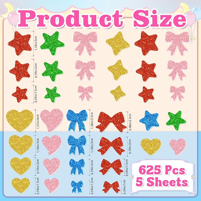 625Pcs Foam Stickers Glitter Colorful Star Heart Bow Shapes Stickers 5Sheets 3D - Image 2