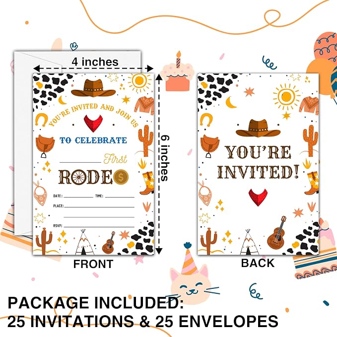 Cowboy 1st Birthday Invitations, 25 Double-Sided Invitation Cards - Image 2