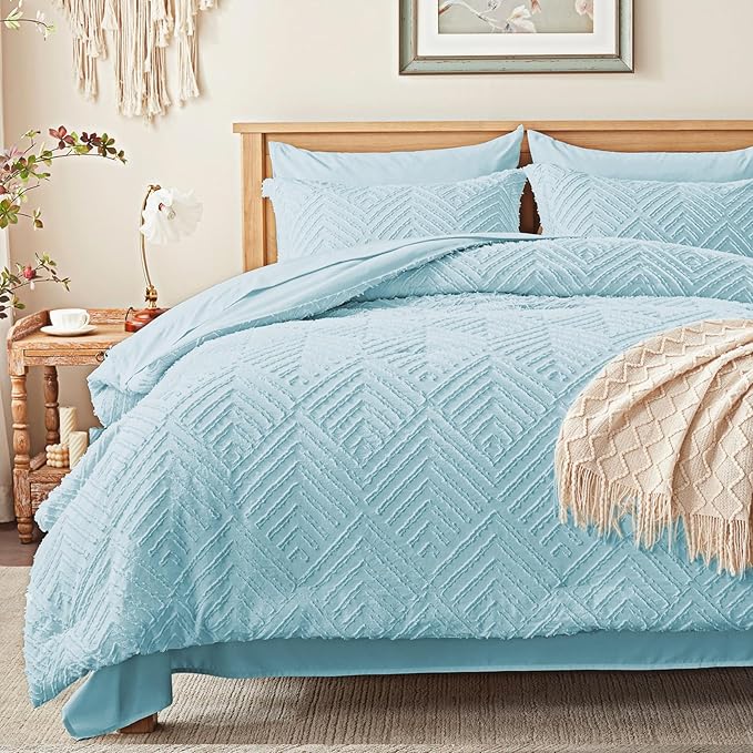 Zzlpp Queen Comforter Set 7 Pieces, Light Blue Tufted Bed in a Bag by ZZLPP