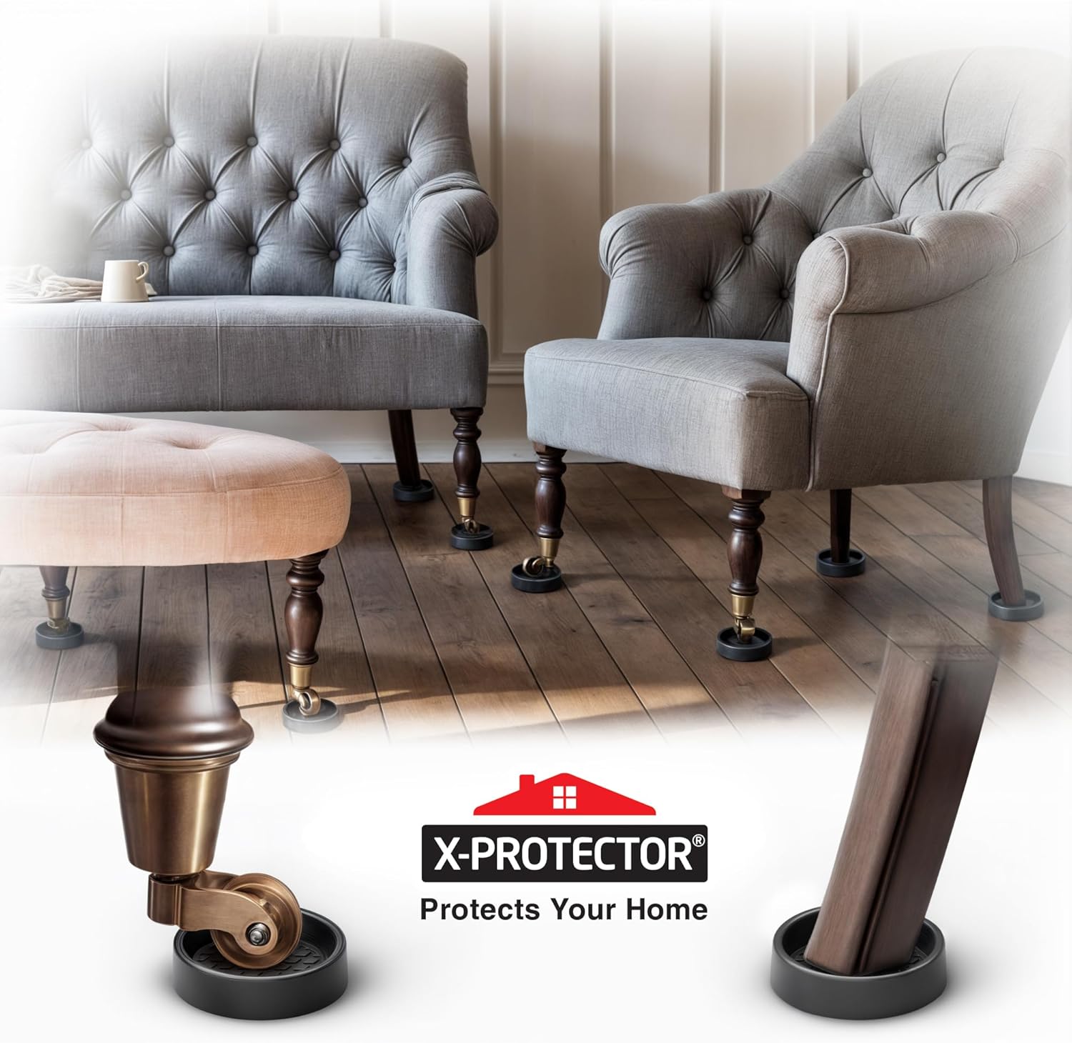 Furniture Cups X-PROTECTOR – 2" Caster Cups 8 PCS – Round Furniture Coasters – Ideal Bed Stoppers – Non Skid Furniture Pads with a Perfect Design – Rubber Furniture Pads - Protect Any Flooring!