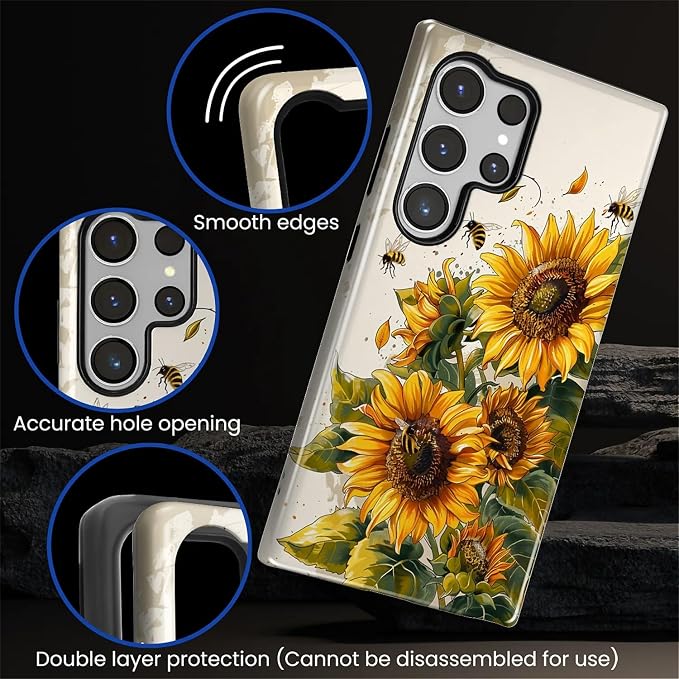 for Samsung Galaxy S23 Ultra Case, Sunflowers Bees Pattern Glossy 2 in 1 - Image 4
