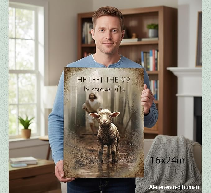 Framed Jesus Saves the Lost Lambs Canvas Wall Art Jesus Leaves 99 Sheep Picture - Image 5