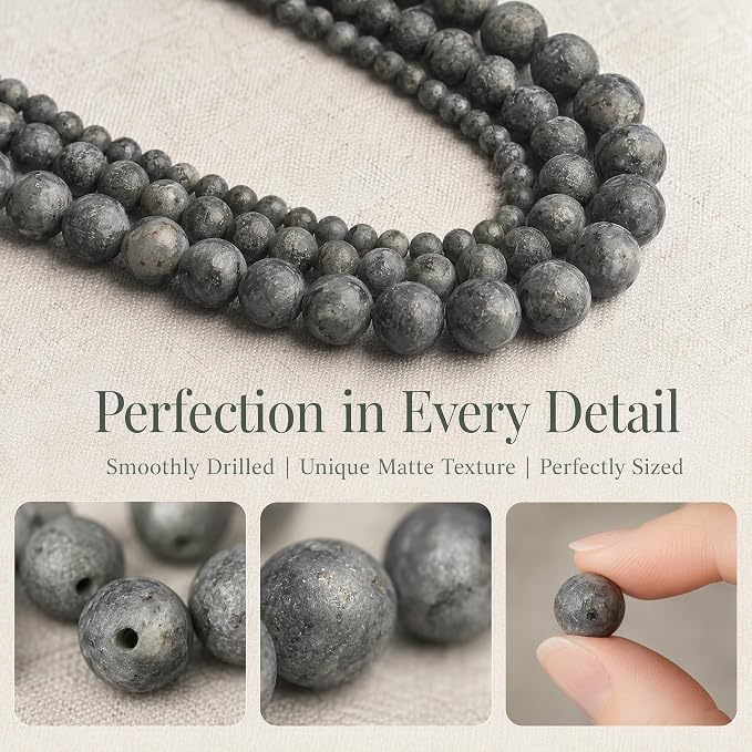 48pcs Natural Matte Black Larvikite Gemstone Beads，8mm Frosted Round Loose - Image 4