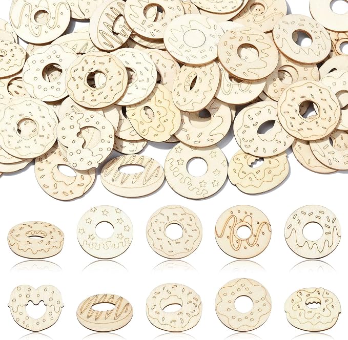 100 Pcs Unfinished Wood Cutouts Donut Wooden Shapes Dessert Wood Crafts by URURLIFEHALL